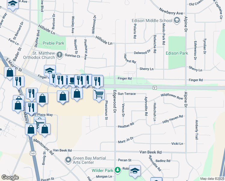 map of restaurants, bars, coffee shops, grocery stores, and more near 742 Edgewood Drive in Green Bay