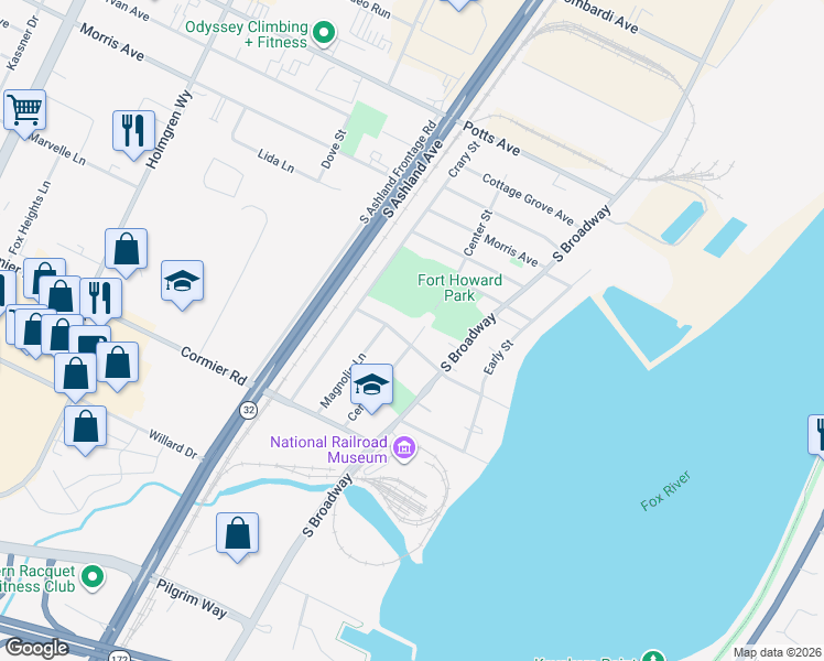 map of restaurants, bars, coffee shops, grocery stores, and more near 2189 Center Street in Green Bay