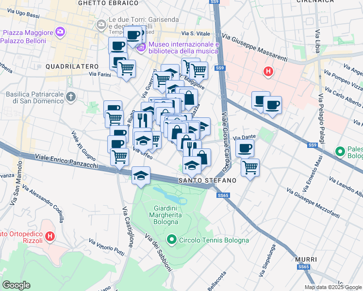 map of restaurants, bars, coffee shops, grocery stores, and more near 1-9 Via Dante Alighieri in Bologna