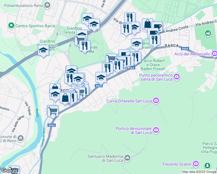 map of restaurants, bars, coffee shops, grocery stores, and more near 6 Via Anna Frank in Casalecchio di Reno
