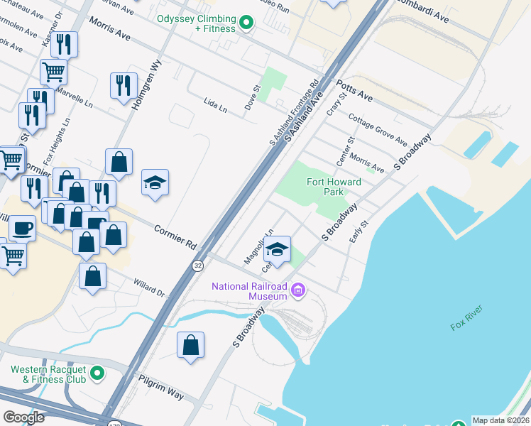 map of restaurants, bars, coffee shops, grocery stores, and more near 2215 Crary Street in Green Bay