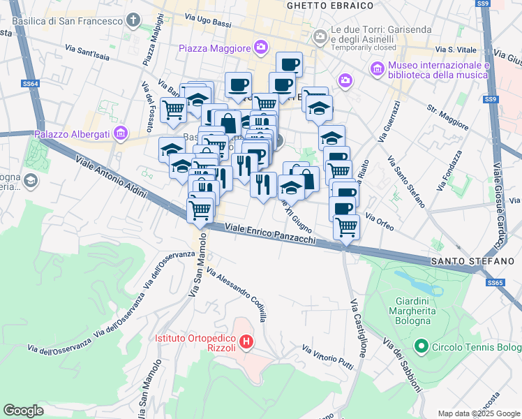 map of restaurants, bars, coffee shops, grocery stores, and more near 11 Via Savenella in Bologna