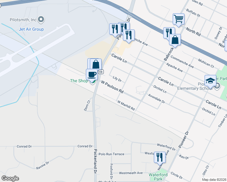 map of restaurants, bars, coffee shops, grocery stores, and more near 1635 West Paulson Road in Green Bay