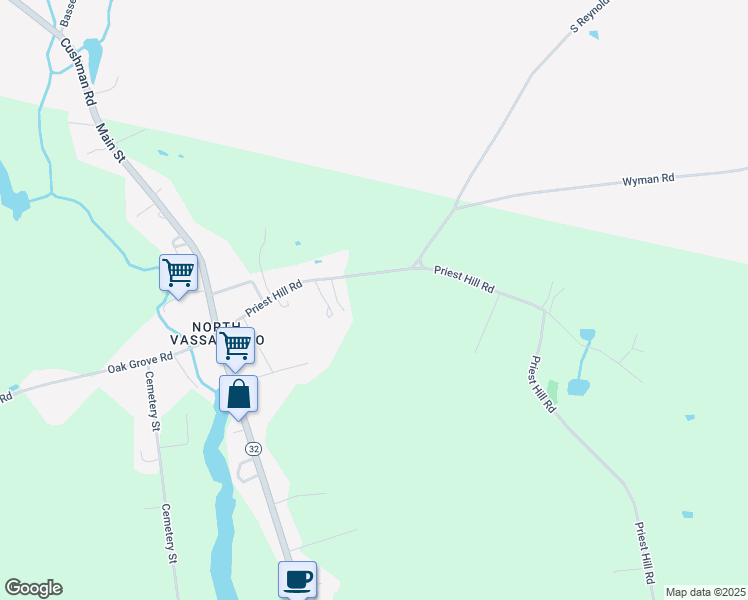 map of restaurants, bars, coffee shops, grocery stores, and more near 60 Priest Hill Road in Vassalboro
