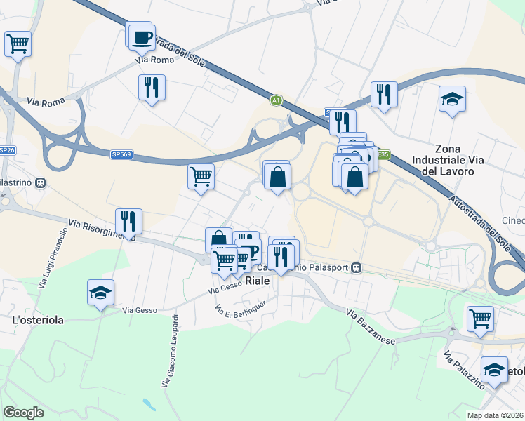 map of restaurants, bars, coffee shops, grocery stores, and more near 3 Vicolo degli Artigiani in Città Metropolitana di Bologna