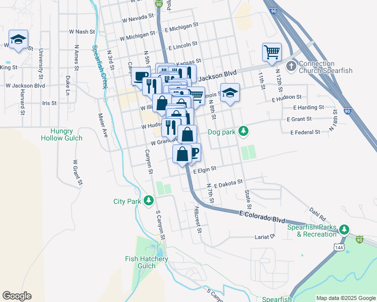 map of restaurants, bars, coffee shops, grocery stores, and more near 424 North Main Street in Spearfish
