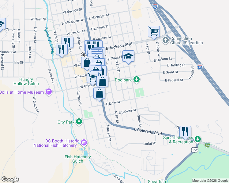 map of restaurants, bars, coffee shops, grocery stores, and more near 299 E Federal St in Spearfish