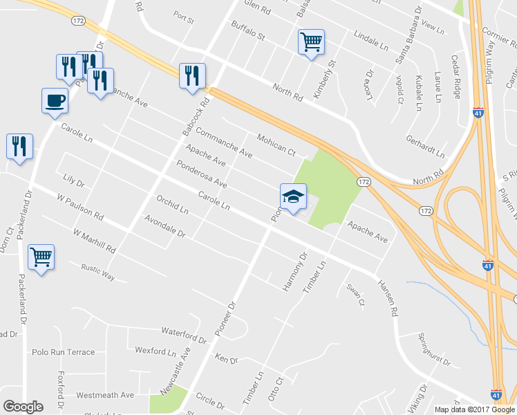 map of restaurants, bars, coffee shops, grocery stores, and more near 1411 Ponderosa Avenue in Green Bay