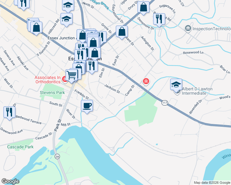 map of restaurants, bars, coffee shops, grocery stores, and more near 31 Jackson Street in Essex