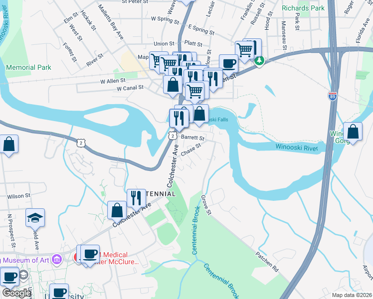 map of restaurants, bars, coffee shops, grocery stores, and more near 30 Chase Street in Burlington