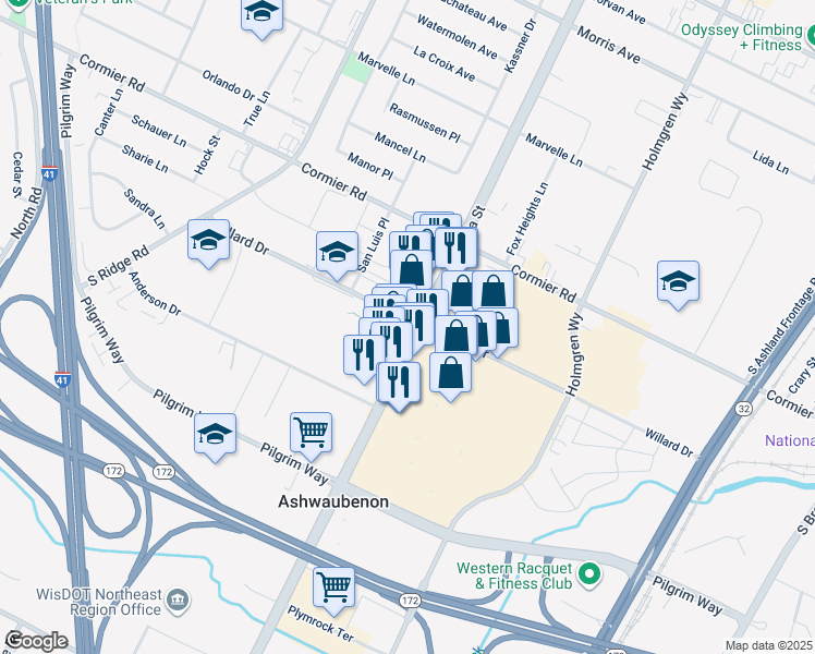 map of restaurants, bars, coffee shops, grocery stores, and more near 781-879 Willard Dr in Ashwaubenon