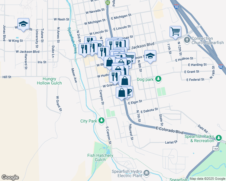 map of restaurants, bars, coffee shops, grocery stores, and more near 435 North 5th Street in Spearfish