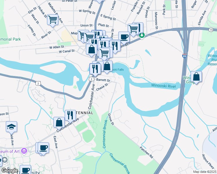 map of restaurants, bars, coffee shops, grocery stores, and more near 49 Chase Street in Burlington