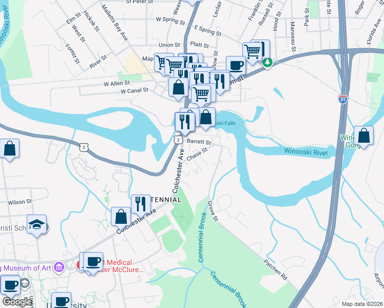 map of restaurants, bars, coffee shops, grocery stores, and more near 445 Colchester Avenue in Burlington