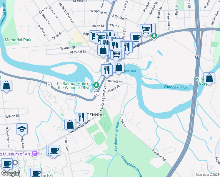 map of restaurants, bars, coffee shops, grocery stores, and more near 445 Colchester Avenue in Burlington