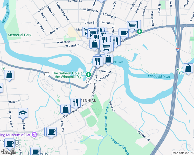 map of restaurants, bars, coffee shops, grocery stores, and more near 445 Colchester Avenue in Burlington