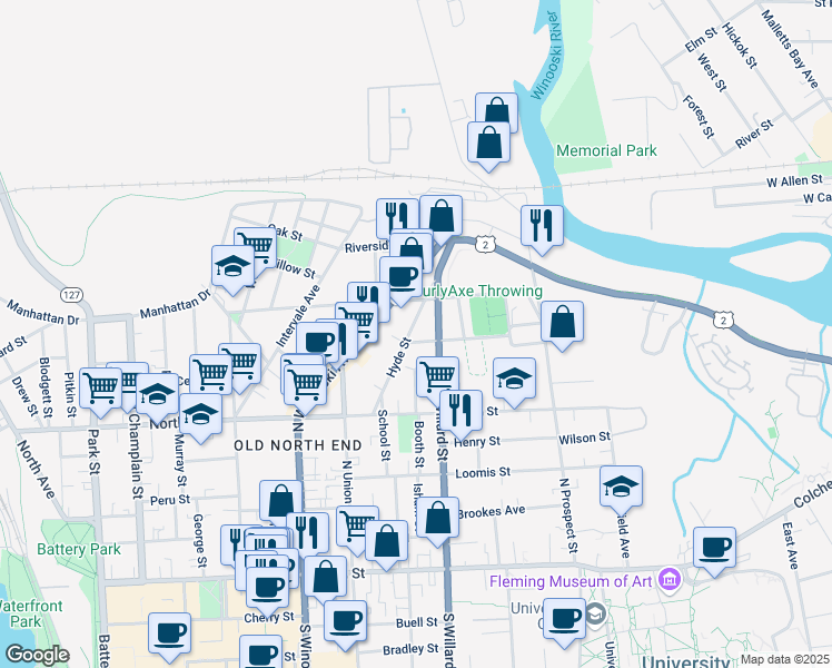 map of restaurants, bars, coffee shops, grocery stores, and more near 79 Hyde Street in Burlington