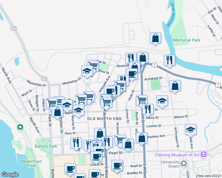 map of restaurants, bars, coffee shops, grocery stores, and more near 30 Decatur Street in Burlington