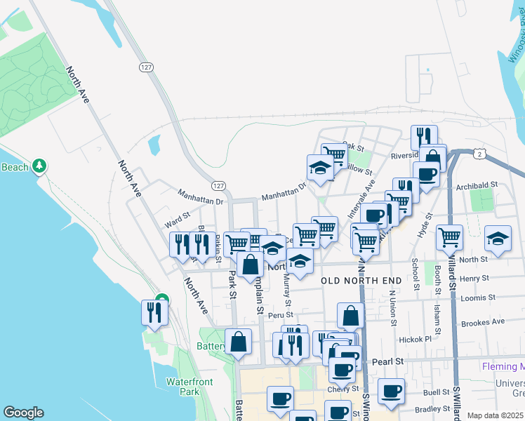 map of restaurants, bars, coffee shops, grocery stores, and more near 227 North Champlain Street in Burlington