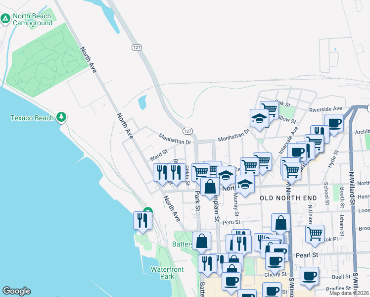 map of restaurants, bars, coffee shops, grocery stores, and more near 86 Blodgett Street in Burlington