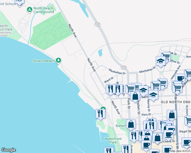 map of restaurants, bars, coffee shops, grocery stores, and more near 120 Lakeview Terrace in Burlington