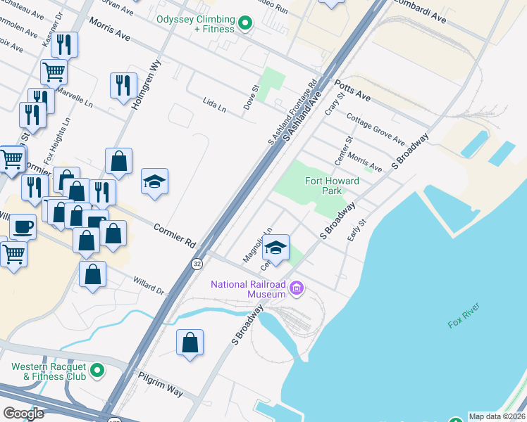 map of restaurants, bars, coffee shops, grocery stores, and more near 2215 Crary Street in Green Bay