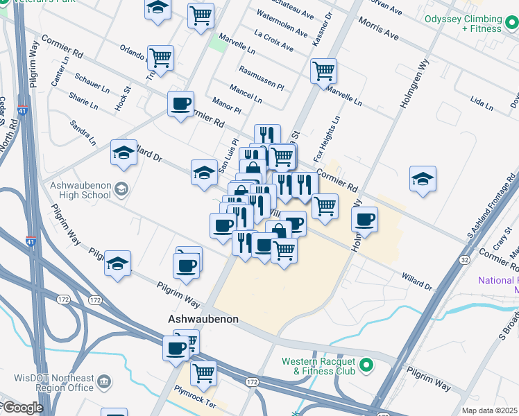 map of restaurants, bars, coffee shops, grocery stores, and more near 781-879 Willard Dr in Ashwaubenon