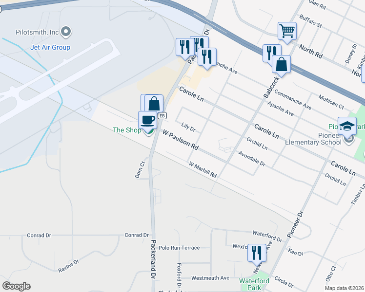 map of restaurants, bars, coffee shops, grocery stores, and more near 1635 West Paulson Road in Green Bay