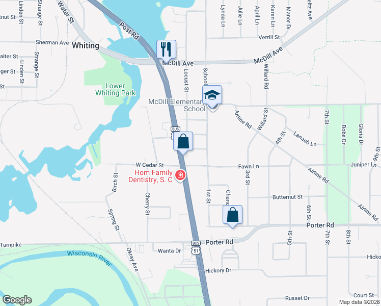map of restaurants, bars, coffee shops, grocery stores, and more near 2810 Locust Street in Stevens Point