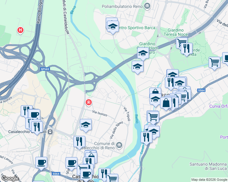 map of restaurants, bars, coffee shops, grocery stores, and more near 1701 Via G. Garibaldi in Casalecchio di Reno