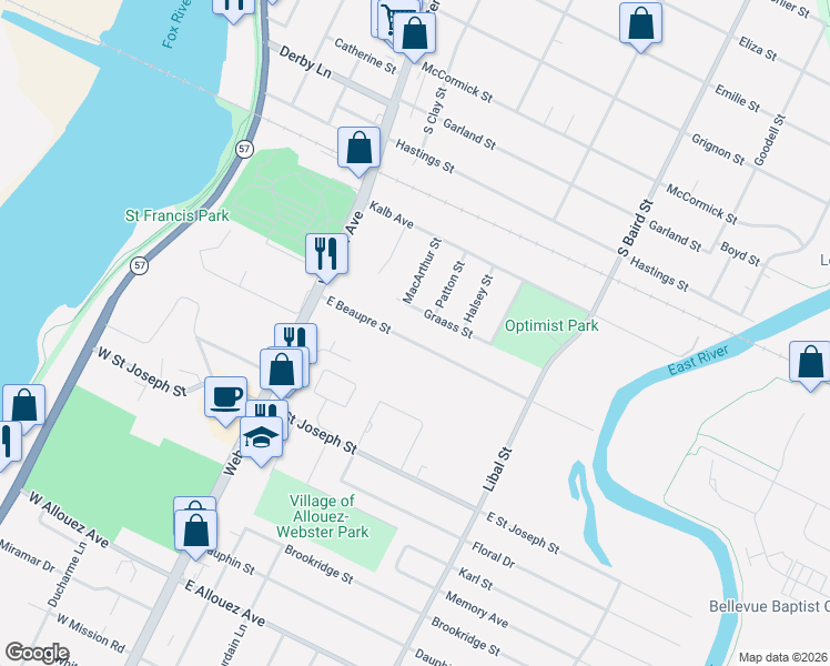map of restaurants, bars, coffee shops, grocery stores, and more near 233 Beaupre Street in Green Bay