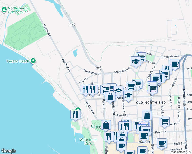 map of restaurants, bars, coffee shops, grocery stores, and more near 86 Blodgett Street in Burlington