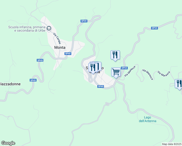 map of restaurants, bars, coffee shops, grocery stores, and more near 34 SP49 in San Pietro D'olba