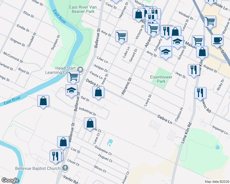 map of restaurants, bars, coffee shops, grocery stores, and more near 1687 Debra Lane in Green Bay