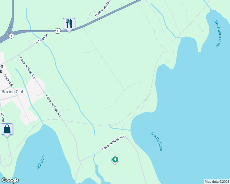 map of restaurants, bars, coffee shops, grocery stores, and more near 43 Fort Point Cove Road in Stockton Springs