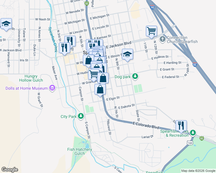 map of restaurants, bars, coffee shops, grocery stores, and more near 424 North Main Street in Spearfish