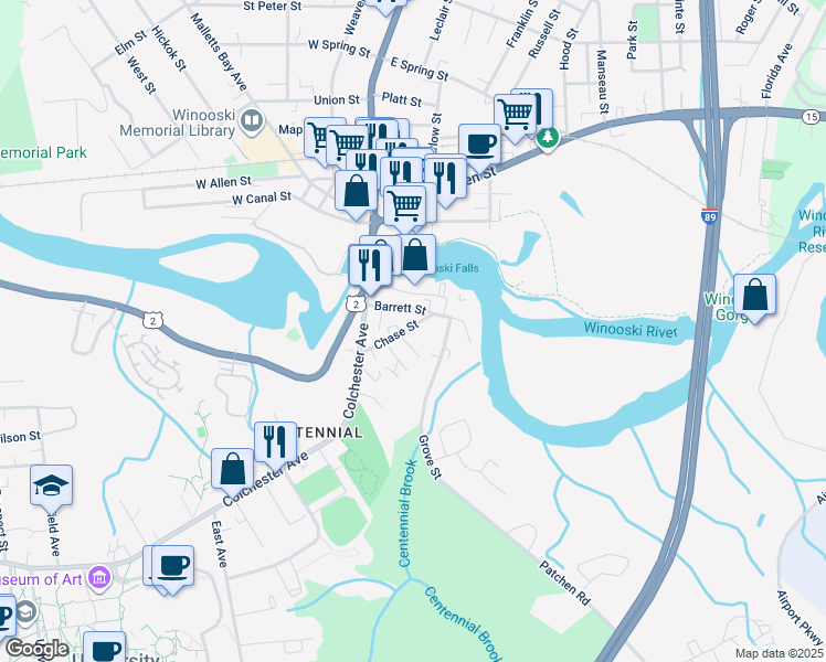 map of restaurants, bars, coffee shops, grocery stores, and more near 49 Chase Street in Burlington