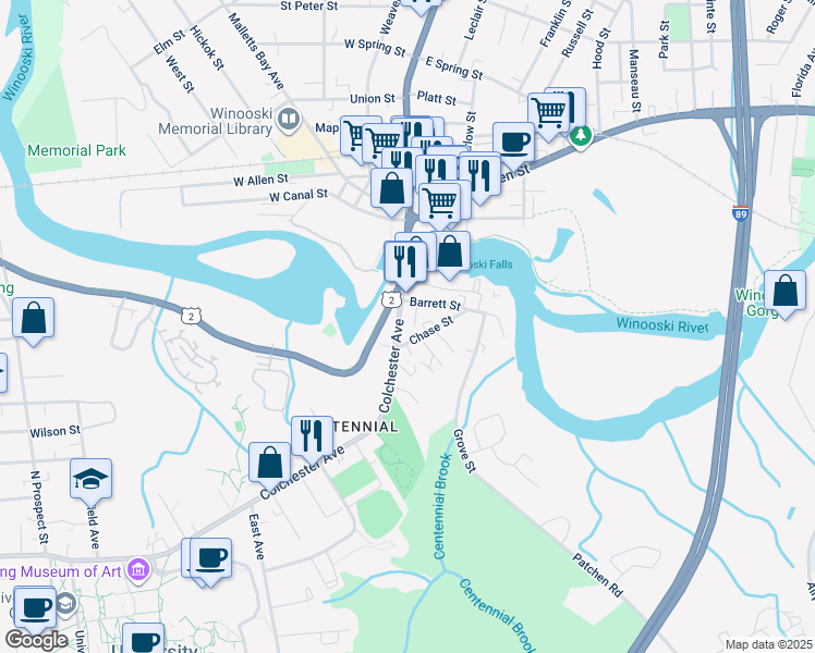 map of restaurants, bars, coffee shops, grocery stores, and more near 445 Colchester Avenue in Burlington