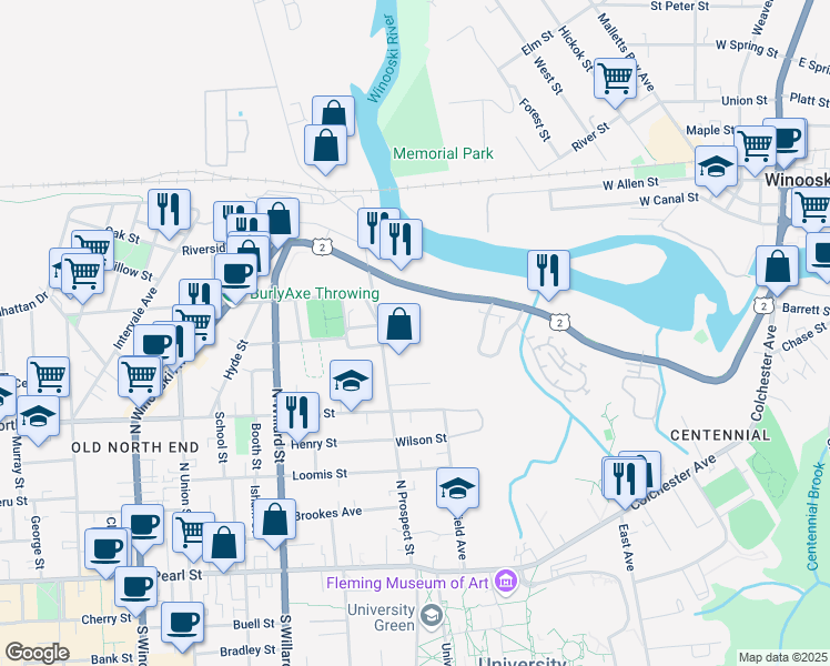 map of restaurants, bars, coffee shops, grocery stores, and more near 214 North Prospect Street in Burlington