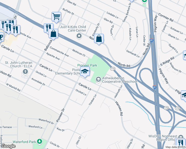map of restaurants, bars, coffee shops, grocery stores, and more near 1360 Ponderosa Avenue in Green Bay