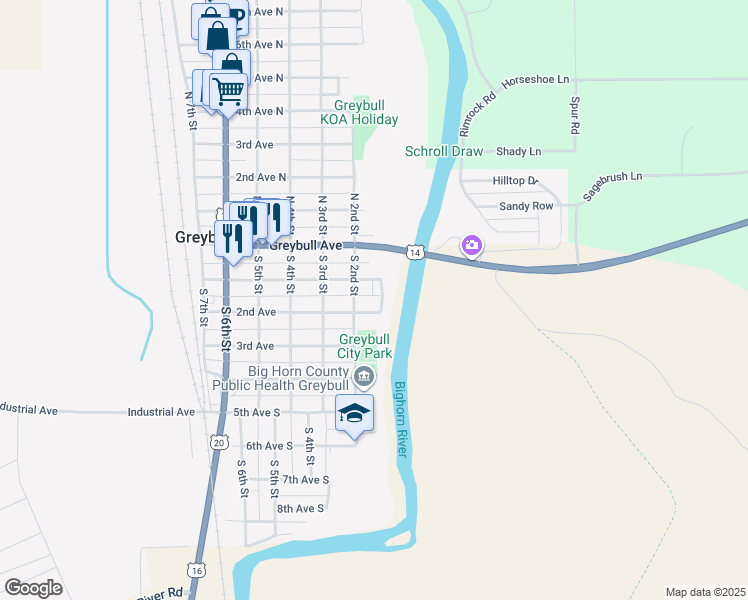 map of restaurants, bars, coffee shops, grocery stores, and more near 116 2nd Avenue in Greybull