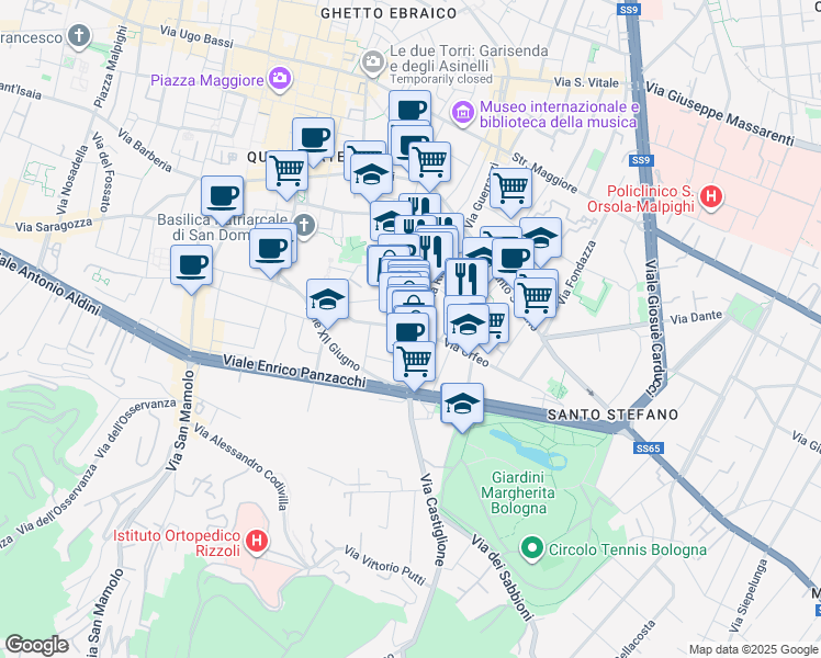 map of restaurants, bars, coffee shops, grocery stores, and more near 51 Via Castiglione in Bologna