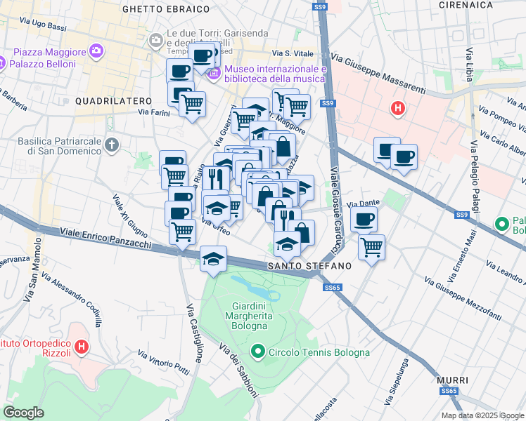 map of restaurants, bars, coffee shops, grocery stores, and more near 9 Via Dante Alighieri in Bologna