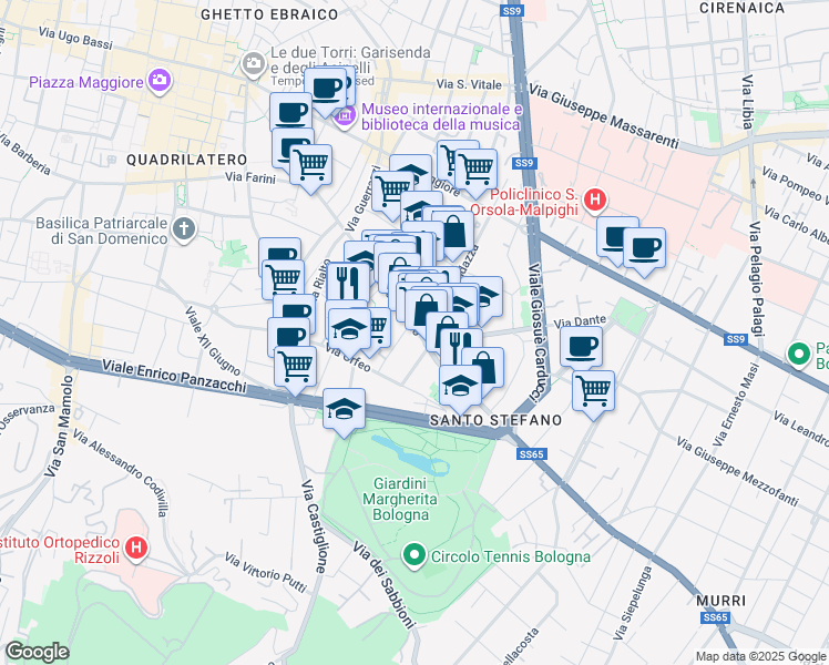 map of restaurants, bars, coffee shops, grocery stores, and more near 1-9 Via Dante Alighieri in Bologna