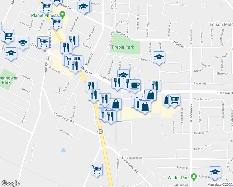 map of restaurants, bars, coffee shops, grocery stores, and more near 2276 East Mason Street in Green Bay