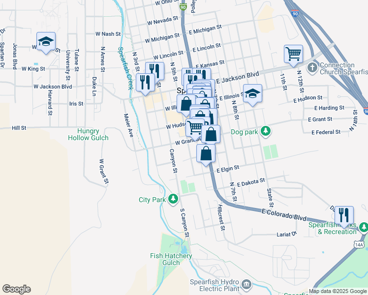 map of restaurants, bars, coffee shops, grocery stores, and more near 435 North 5th Street in Spearfish