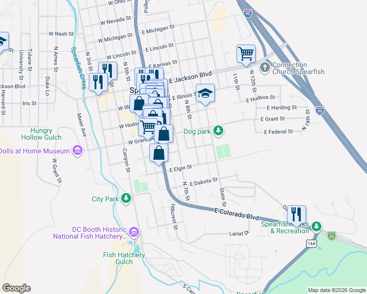 map of restaurants, bars, coffee shops, grocery stores, and more near 201-299 E Federal St in Spearfish