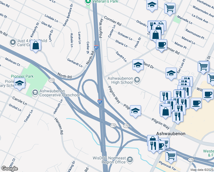 map of restaurants, bars, coffee shops, grocery stores, and more near 1113 Pilgrim Way in Green Bay