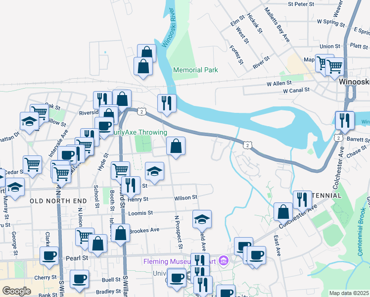 map of restaurants, bars, coffee shops, grocery stores, and more near 214 North Prospect Street in Burlington