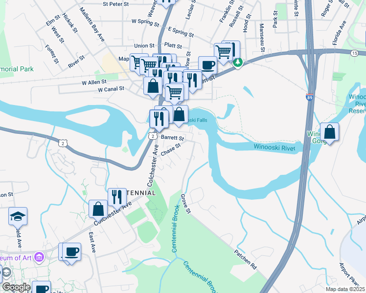 map of restaurants, bars, coffee shops, grocery stores, and more near 49 Chase Street in Burlington